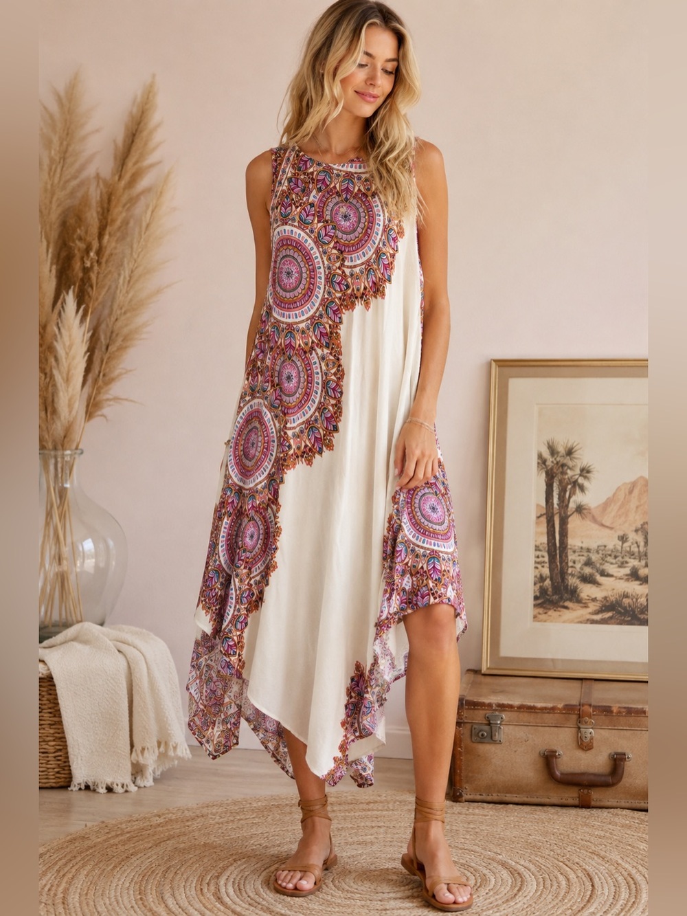 Vintage Cream Midi Dress with Pink and Purple Medallion Print